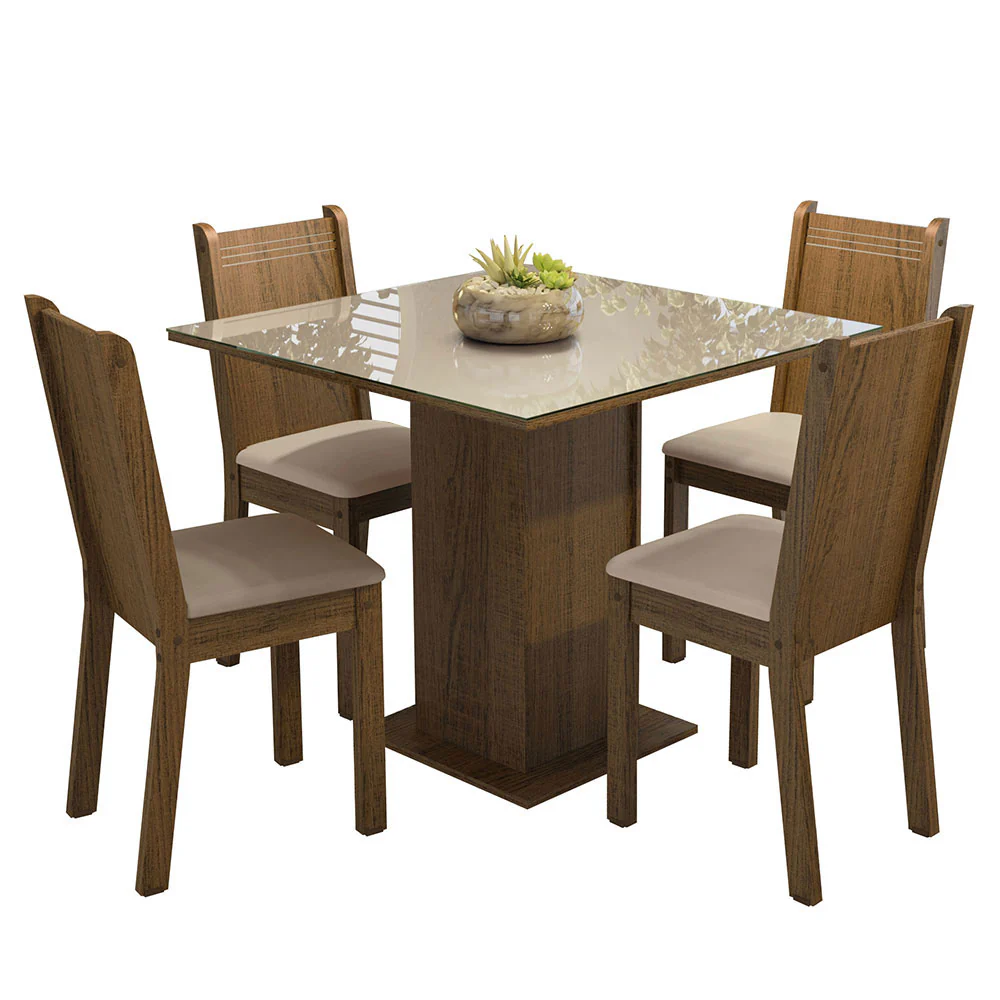 Juego de Comedor Mesa con Tapa de Cristal 4 Sillas Marrón/Crema/Sintético Beige Perla Madesa - Image 2