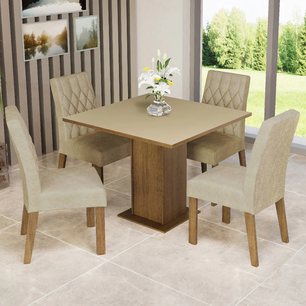 Juego de Comedor Mesa con Tapa de Madera 4 Sillas Livia Madesa - Marrón/Crema/Imperial