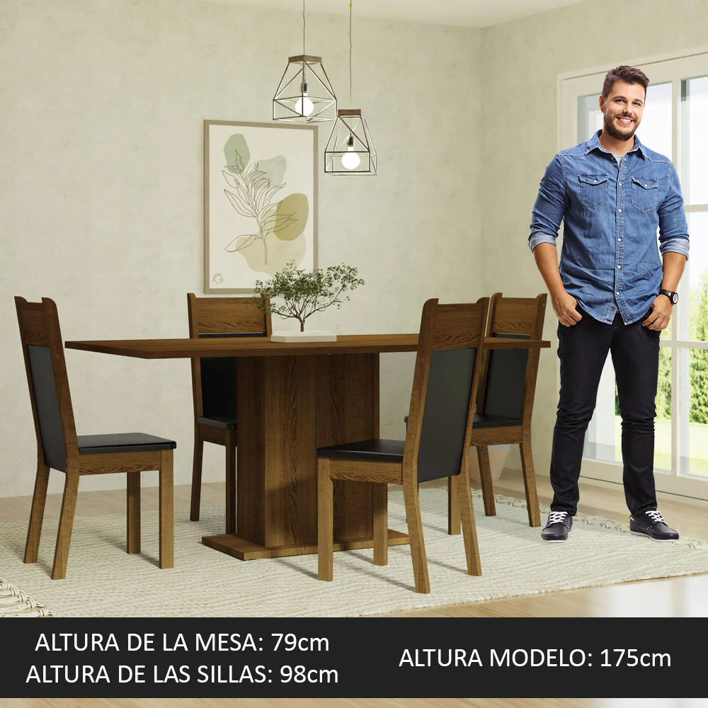 Juego de Comedor Mesa con Tapa de Madera 4 Sillas Marrón/Negro Elisa Madesa - Image 4