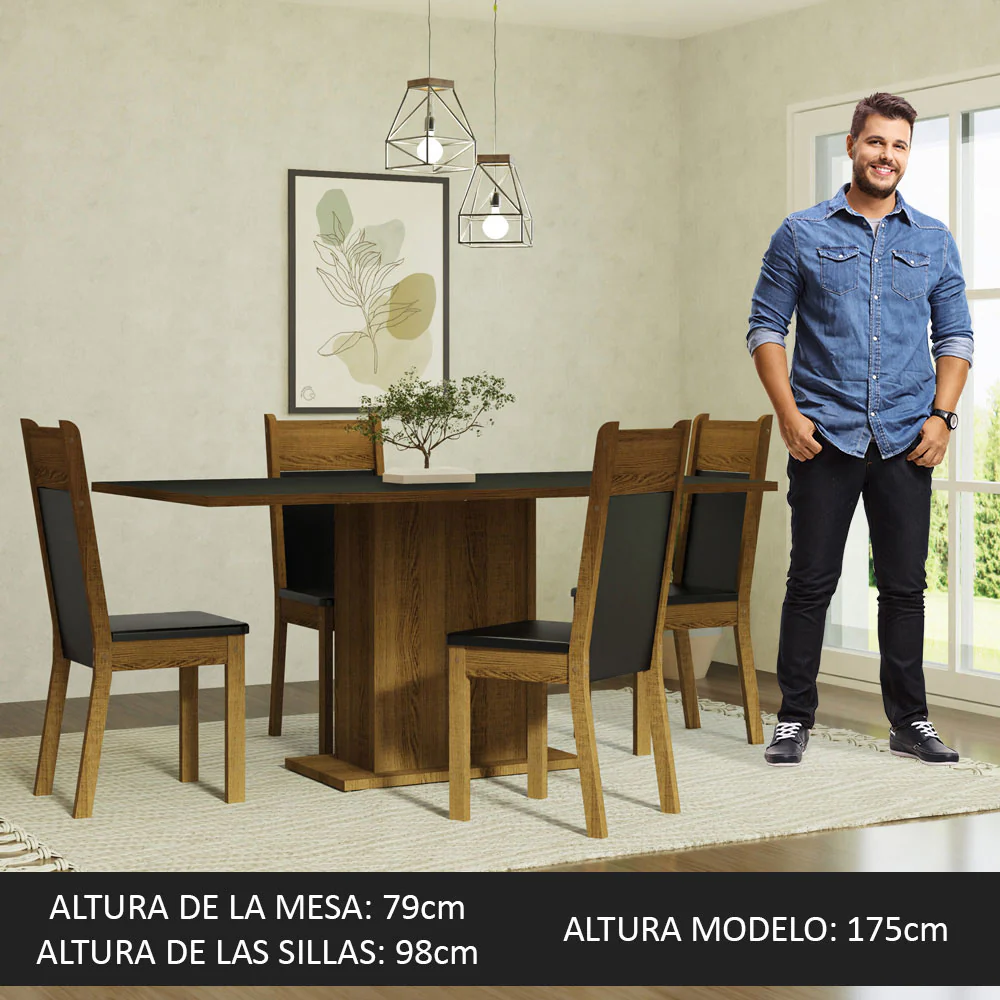 Juego de Comedor Mesa con Tapa de Madera 4 Sillas Negro/Marrón Elisa Madesa - Image 16