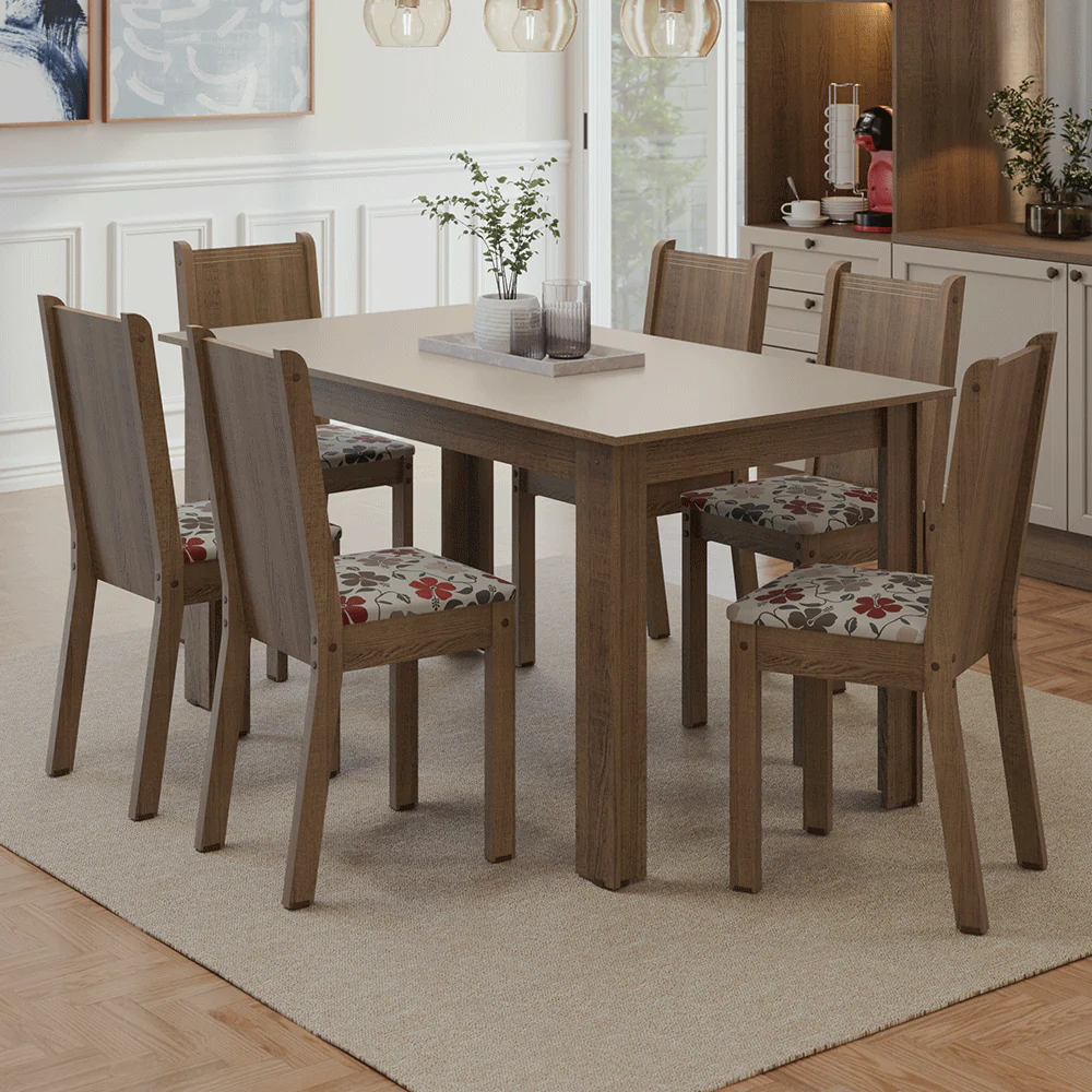 Juego de Comedor Mesa con Tapa de Madera 6 Sillas Marrón/Crema/Floral Hibiscos Madesa