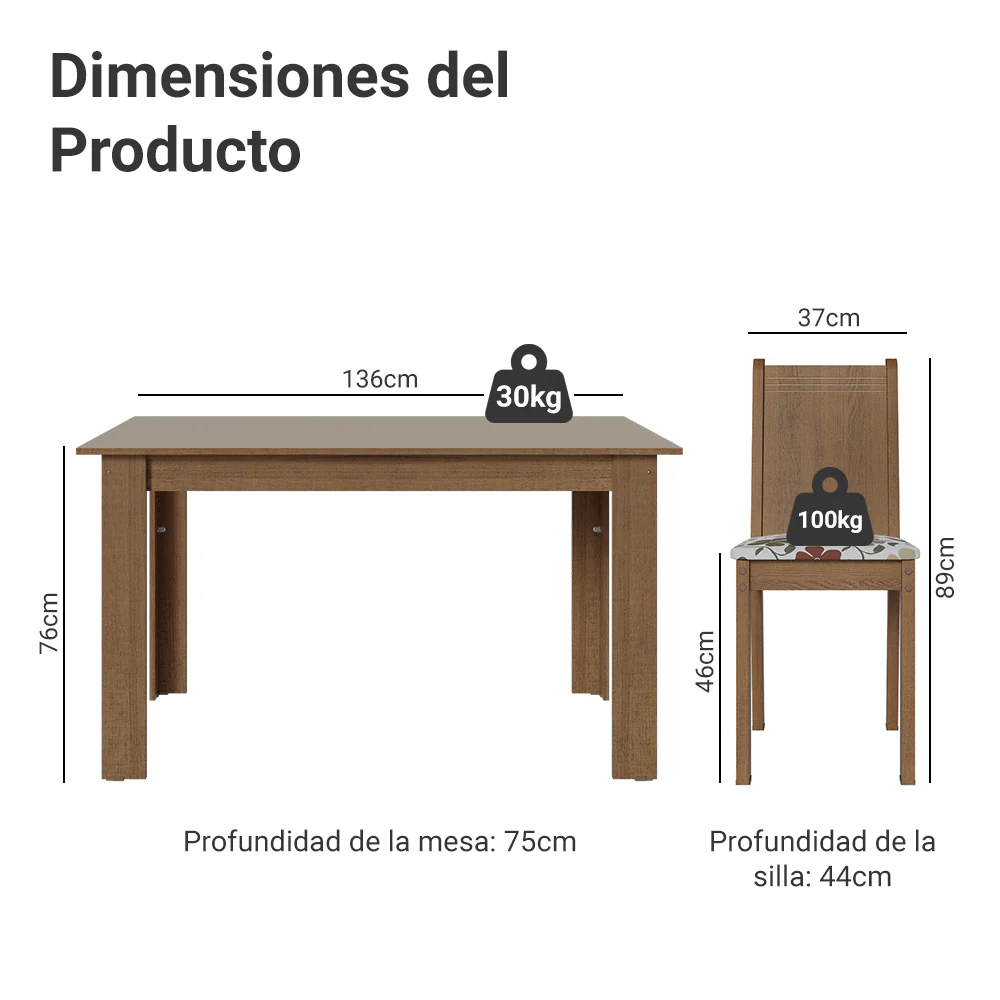 Juego de Comedor Mesa con Tapa de Madera 6 Sillas Marrón/Crema/Floral Hibiscos Madesa - Image 2