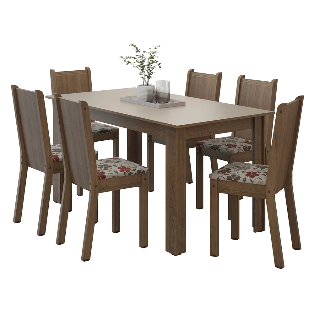 Juego de Comedor Mesa con Tapa de Madera 6 Sillas Marrón/Crema/Floral Hibiscos Madesa - Image 3