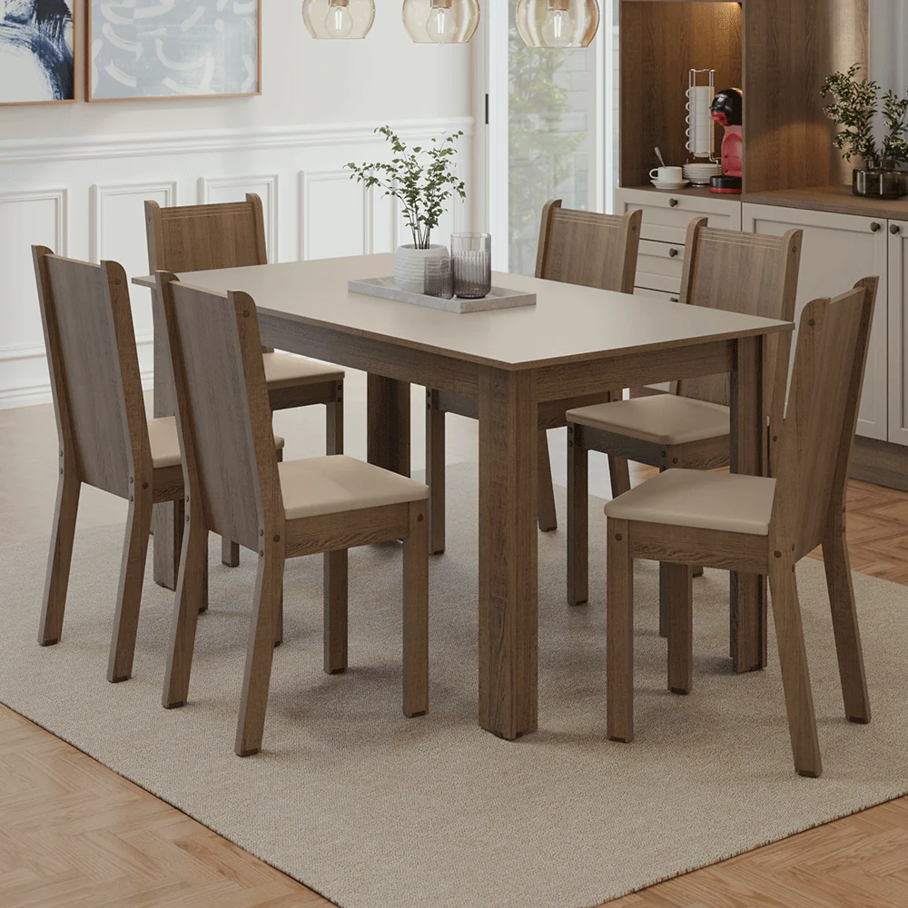 Juego de Comedor Mesa con Tapa de Madera 6 Sillas Marrón/Crema/Sintético Beige Madesa