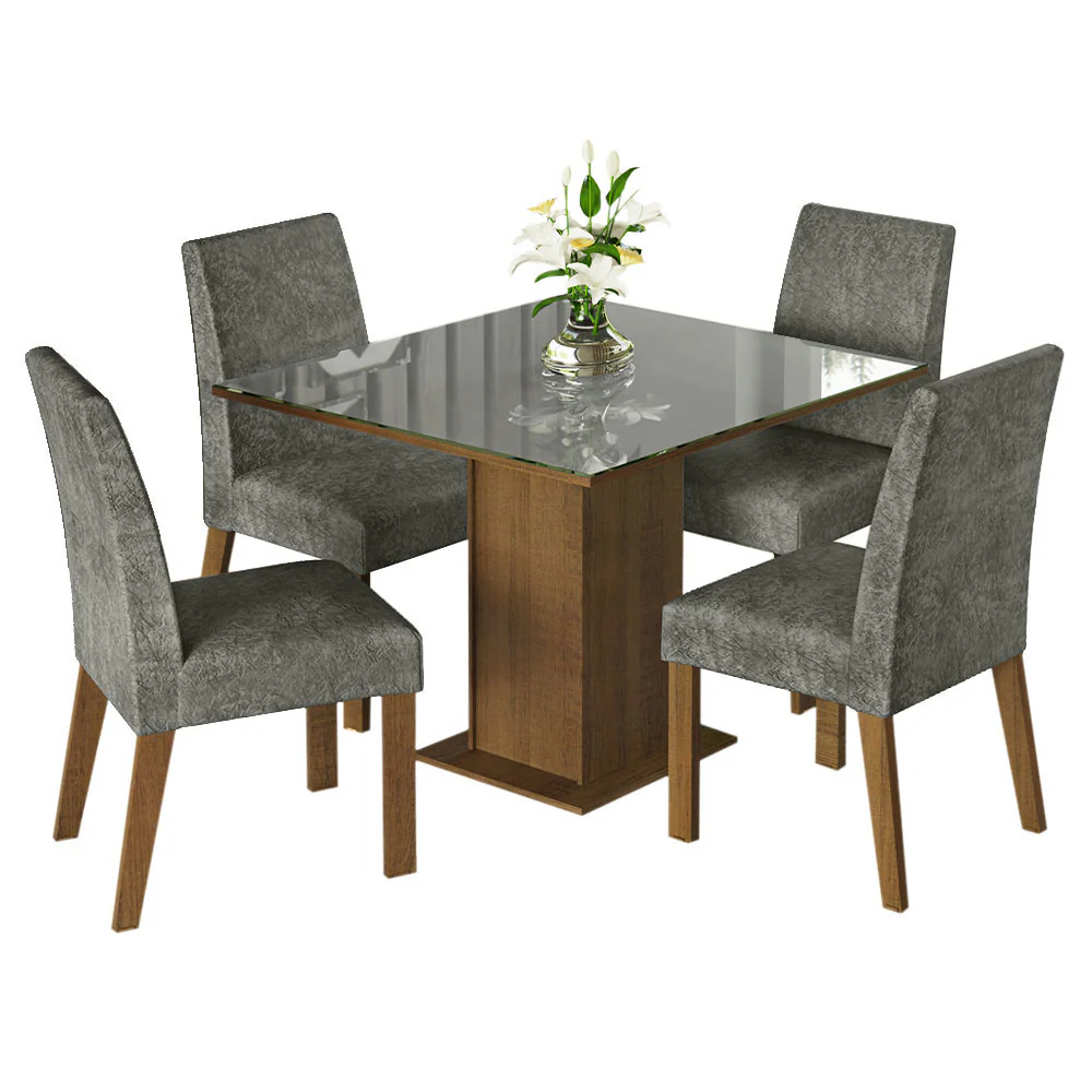 Juego de Comedor Mesa con Tapa de Vidrio 4 Sillas Marrón/Gris/Silver Anne Madesa - Image 3