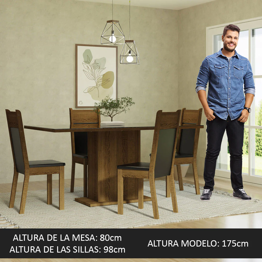 Juego de Comedor Mesa con Tapa de Vidrio 4 Sillas Negro/Marrón Greta Madesa - Image 4