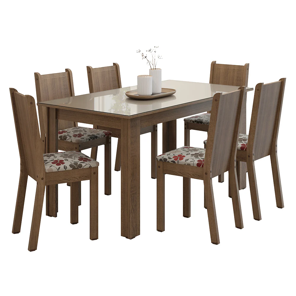 Juego de Comedor Mesa con Tapa de Vidrio 6 Sillas Marrón/Crema/Floral Hibiscos Madesa - Image 3