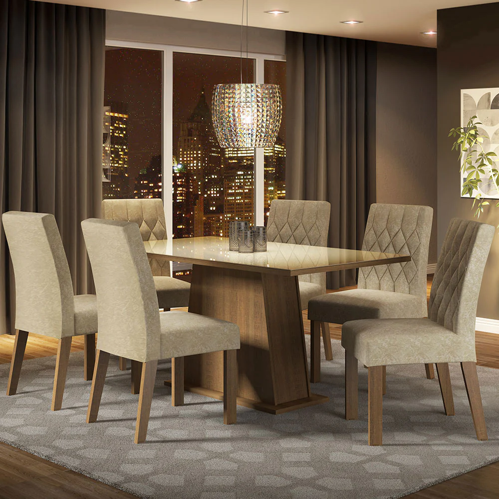 Juego de Comedor Mesa Cristal 6 Sillas Stéfani Madesa - Marrón/Crema/Imperial - Image 3