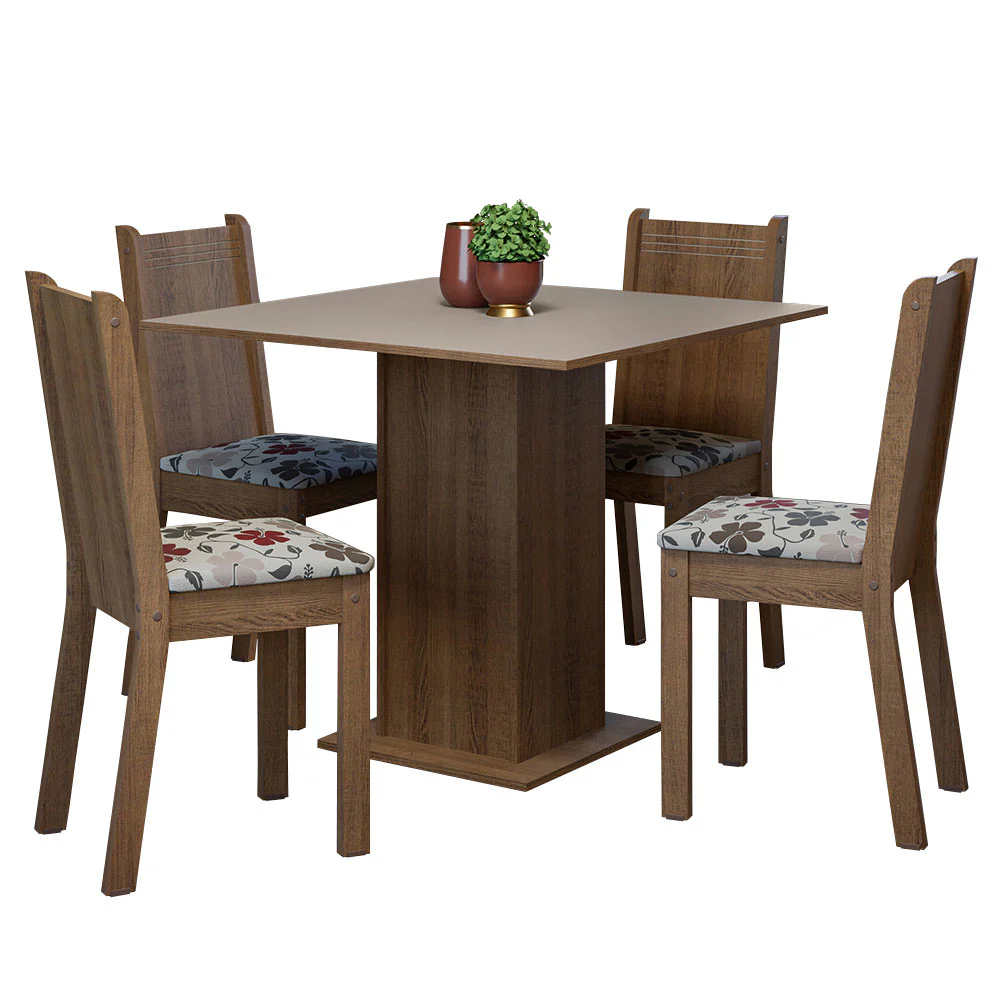 Juego de Comedor Mesa Tapa de Madera 4 Sillas Marrón/Crema/Floral Hibiscos Samara Madesa - Image 3