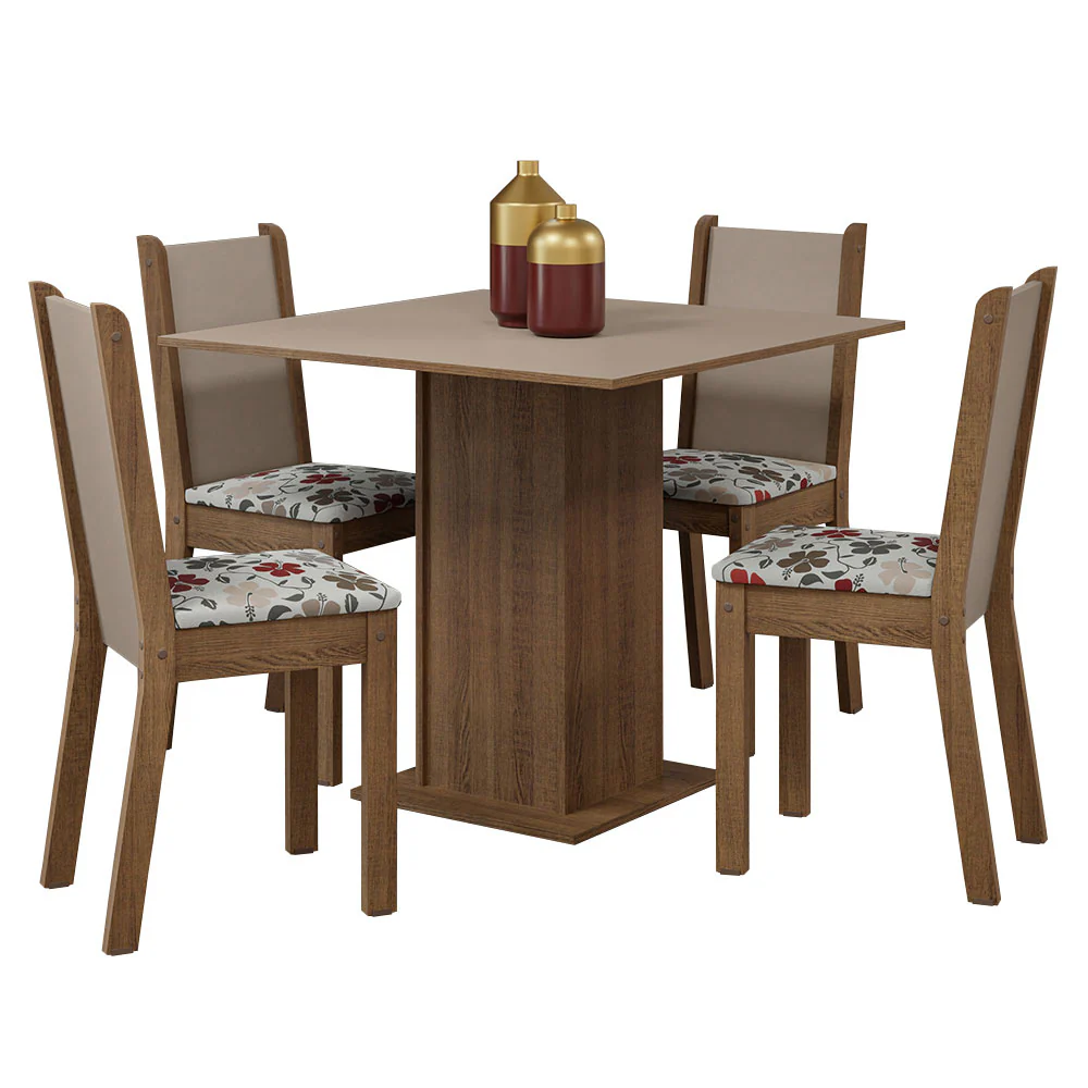 Juego de Comedor Mesa Tapa de Madera 4 Sillas Marrón/Crema/ Hibiscos Briana Madesa - Image 3