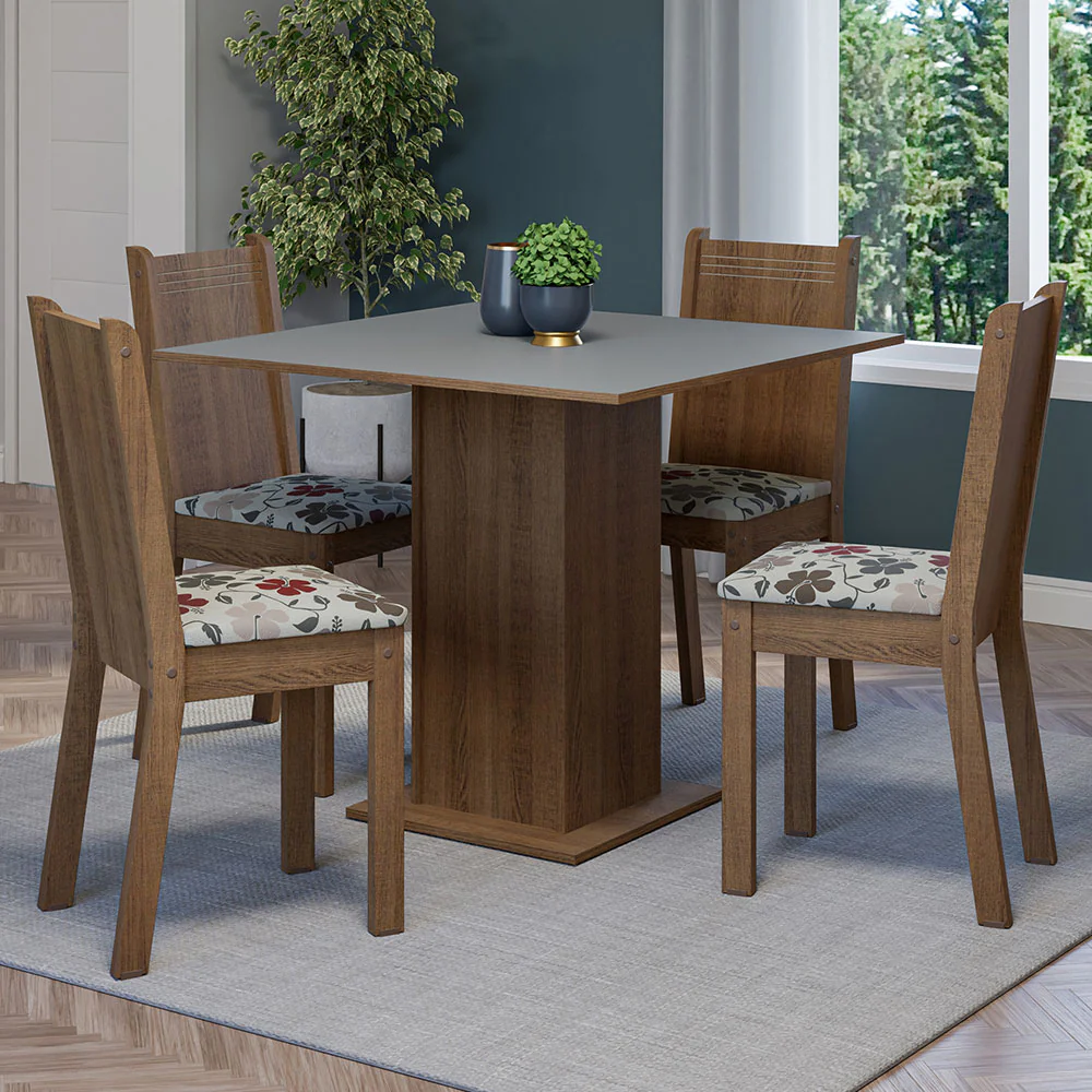 Juego de Comedor Mesa Tapa de Madera 4 Sillas Marrón/Gris/Floral Hibiscos Samara Madesa