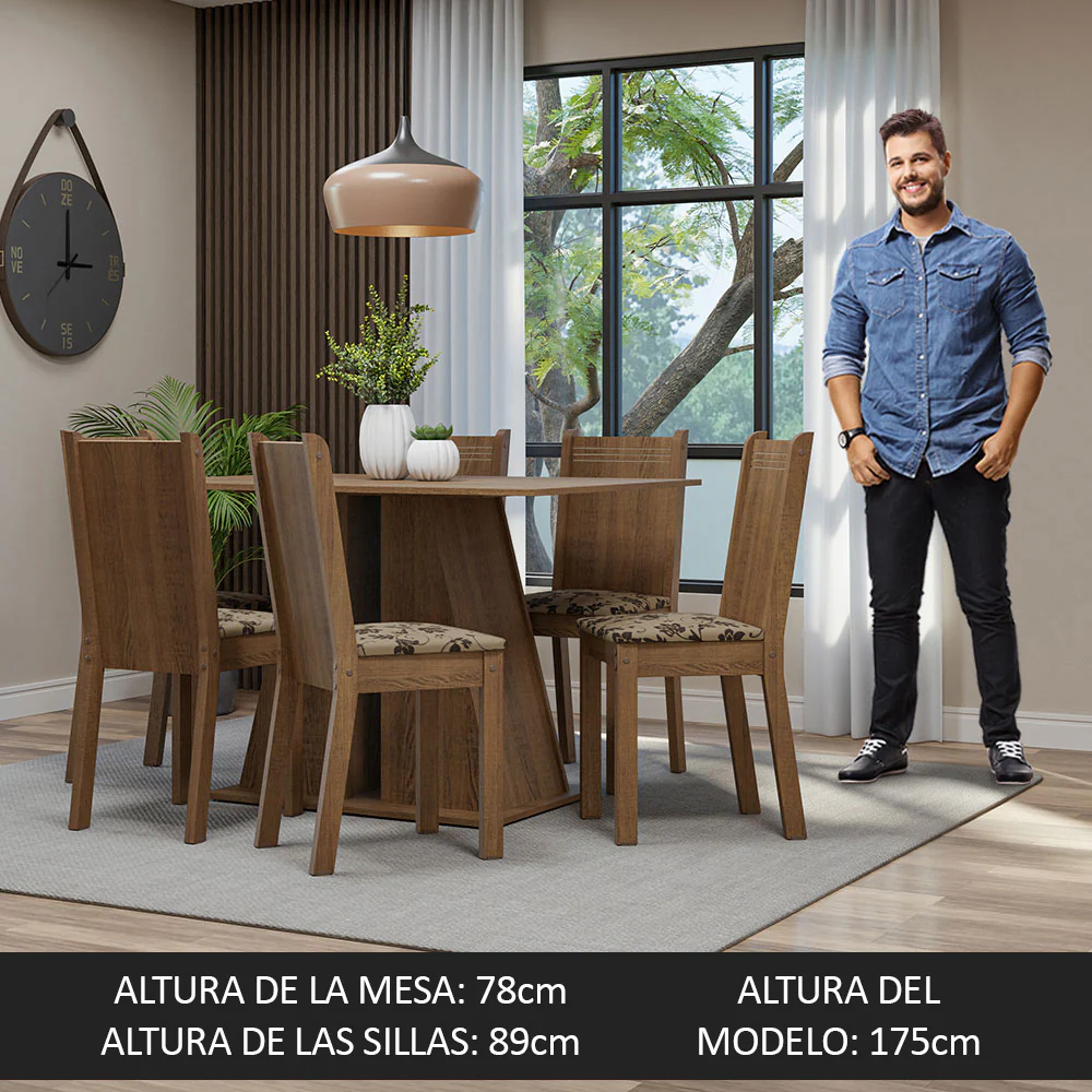 Juego de Comedor Mesa Tapa de Madera 6 Sillas Marrón/Beige Marrón Sharon Madesa - Image 5