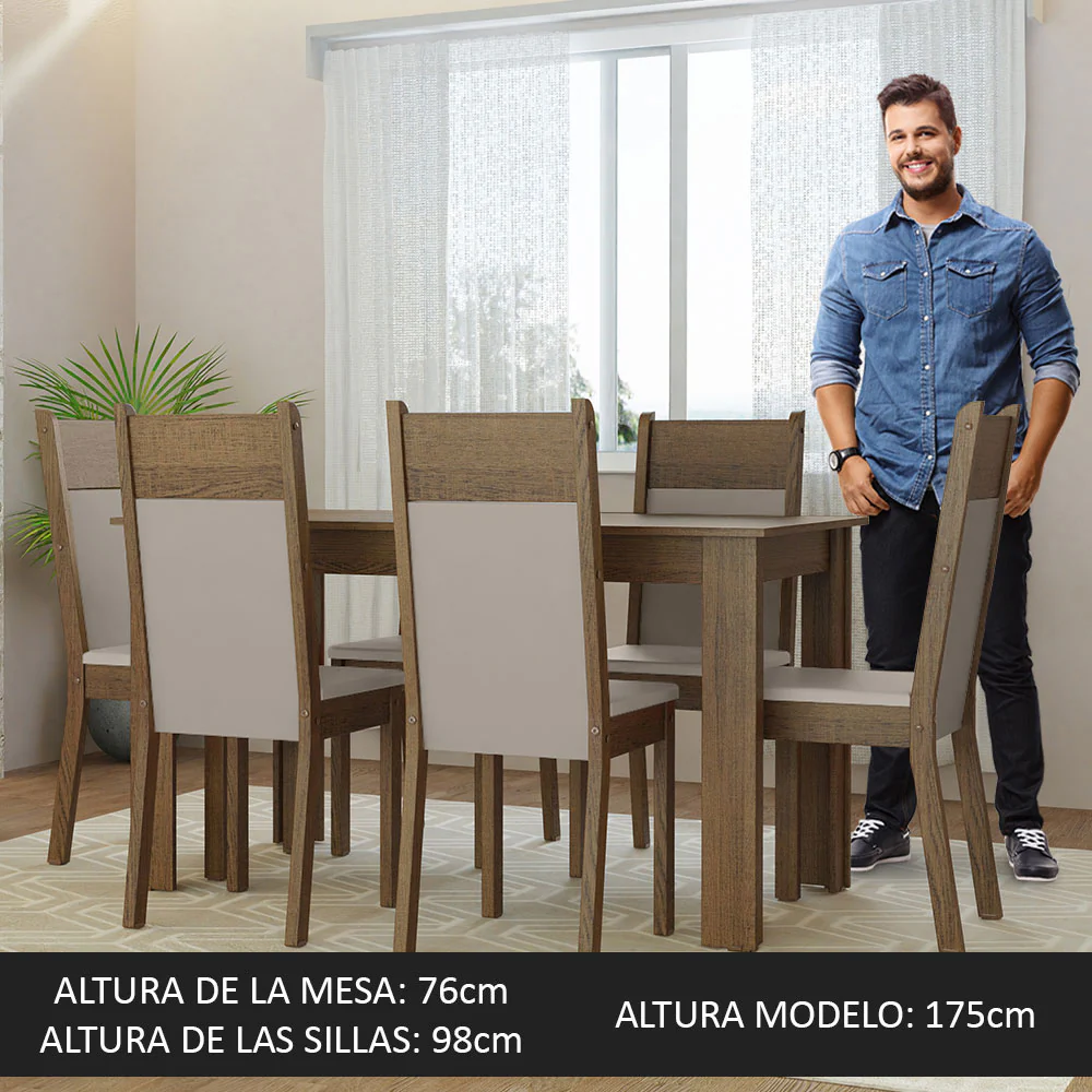 Juego de Comedor Mesa Tapa de Madera 6 Sillas Marrón/Crema/Beige Bahamas Madesa - Image 5