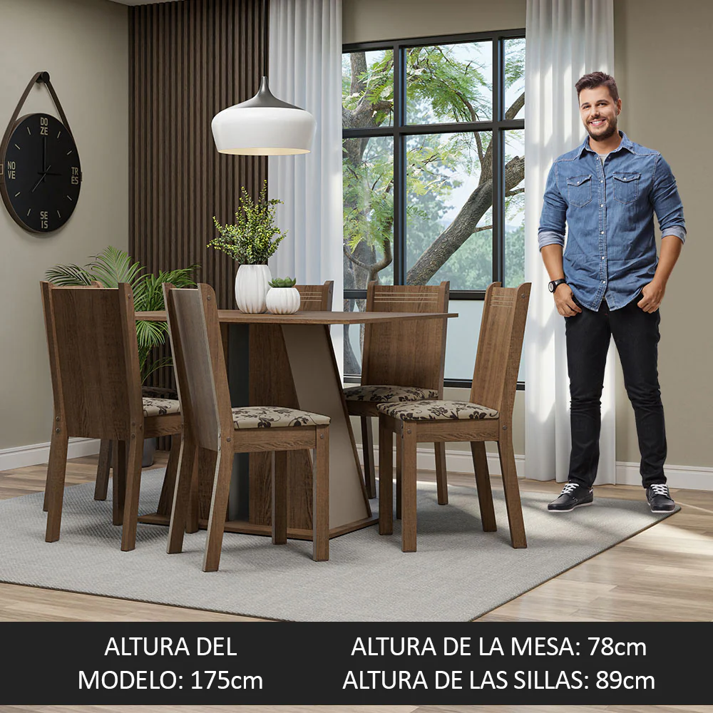 Juego de Comedor Mesa Tapa de Madera 6 Sillas Marrón/Crema/Beige Marrón Sharon Madesa - Image 6
