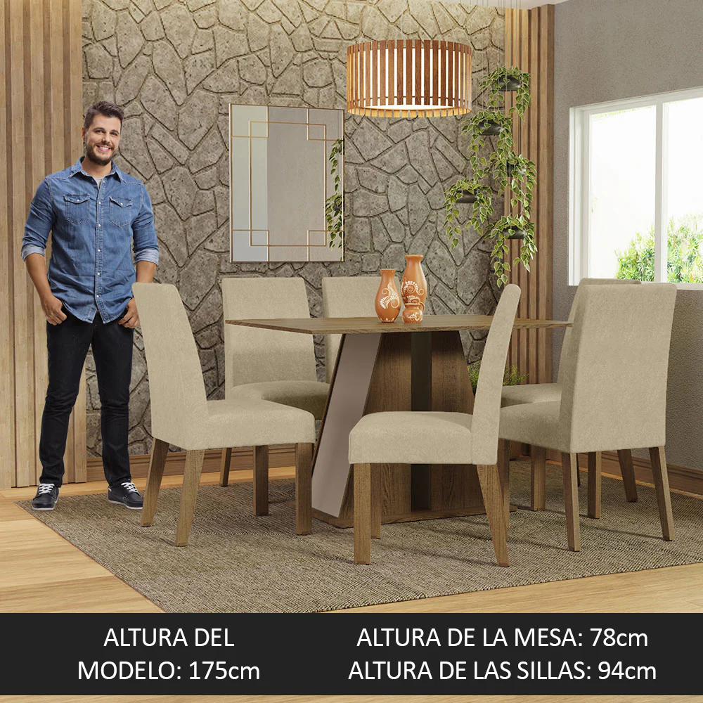 Juego de Comedor Mesa Tapa de Madera 6 Sillas Marrón/Crema/Imperial Cheryl Madesa - Image 5