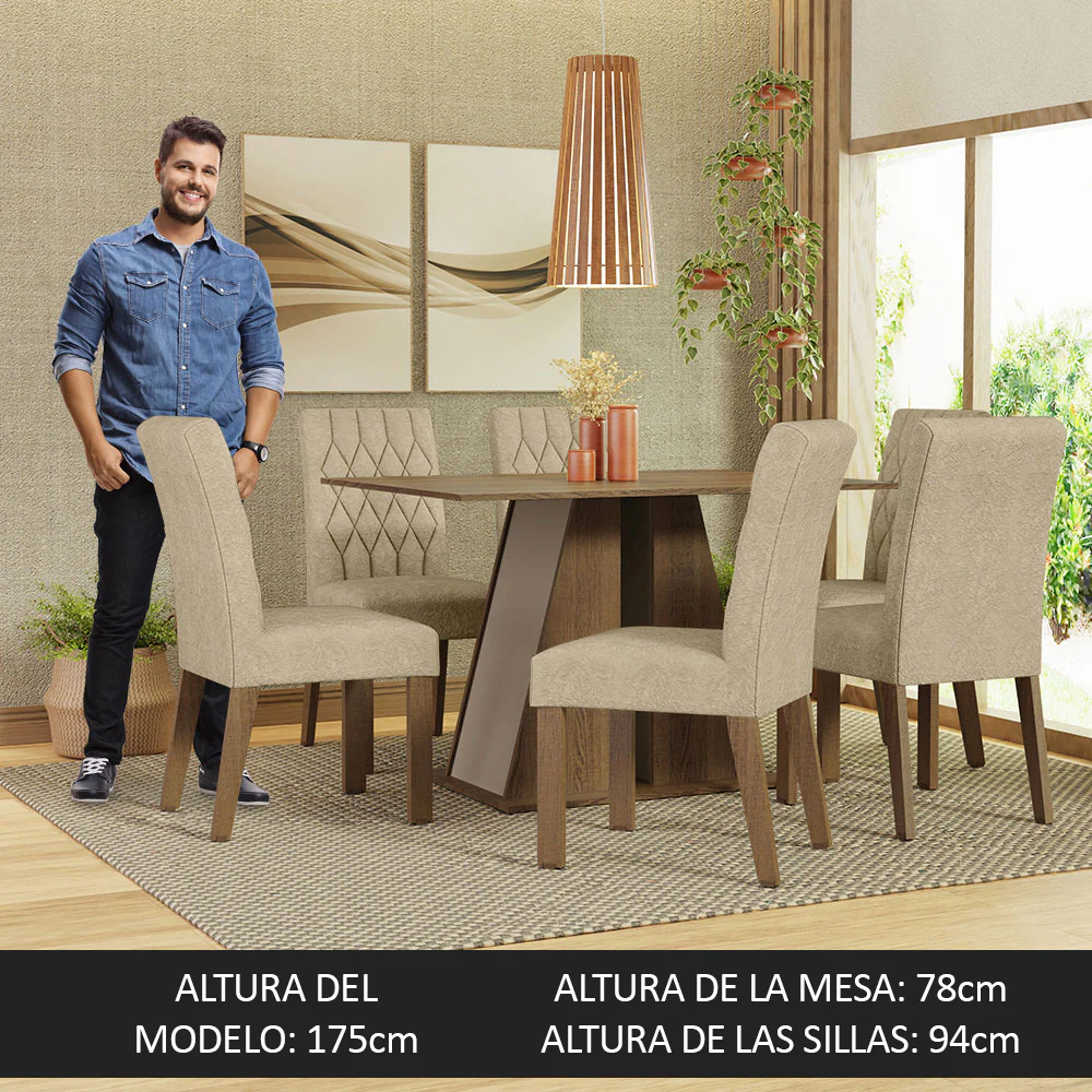 Juego de Comedor Mesa Tapa de Madera 6 Sillas Marrón/Crema/Imperial Fabiana Madesa - Image 5