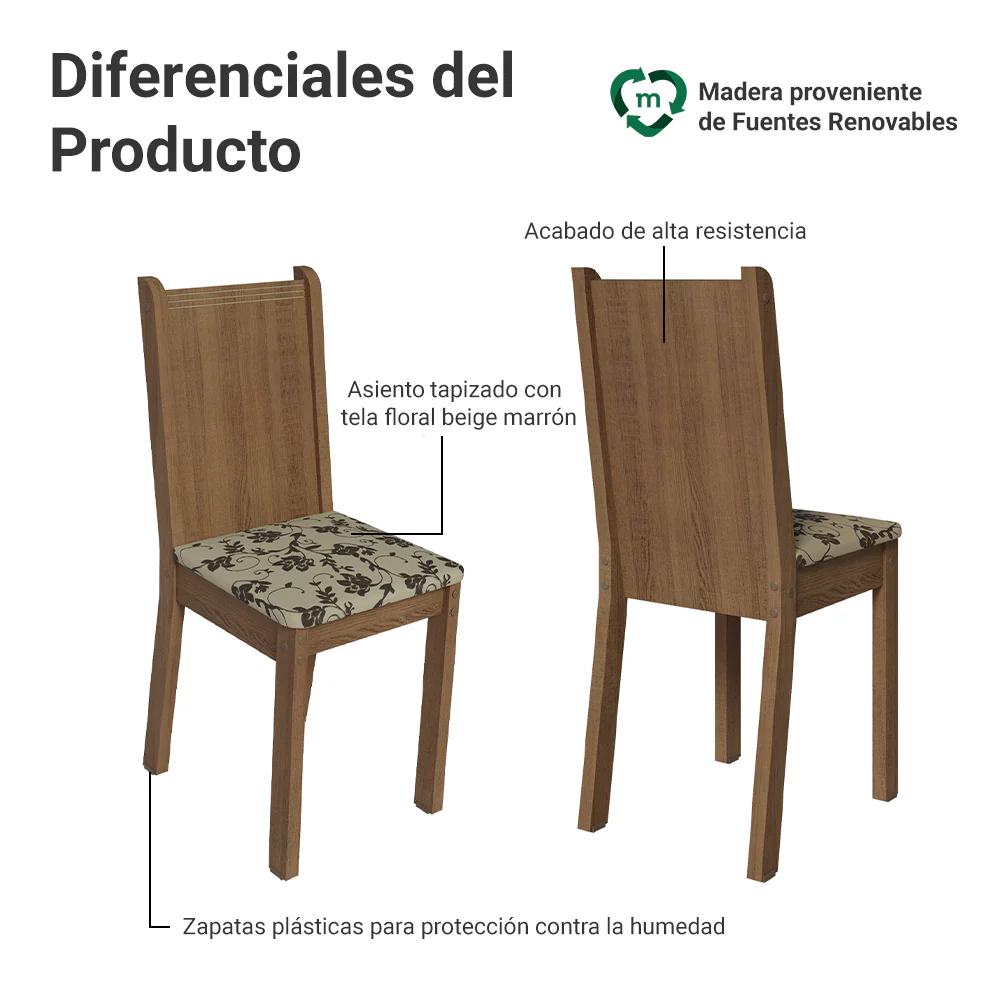 Juego de Comedor Mesa Tapa de Vidrio 4 Sillas Marrón/Beige Marrón Kiara Madesa - Image 4