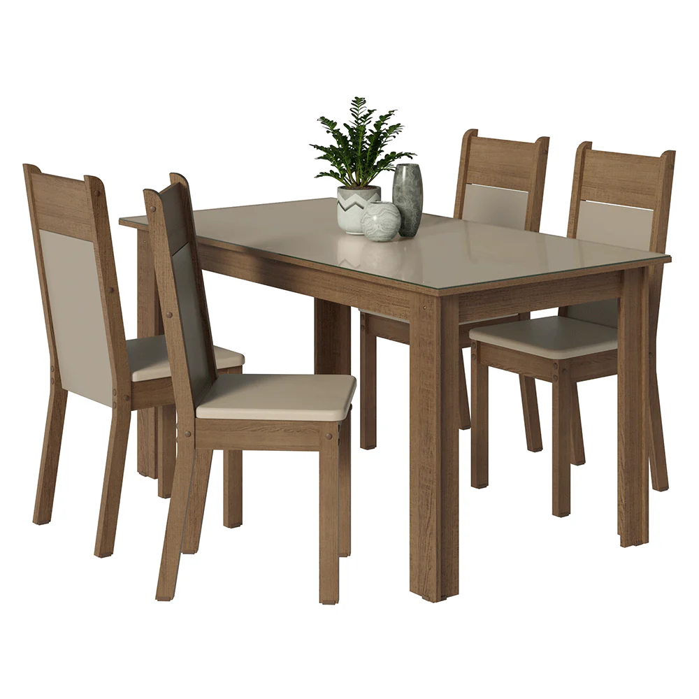 Juego de Comedor Mesa Tapa de Vidrio 4 Sillas Marrón/Crema/Sintético Beige Madesa - Image 3