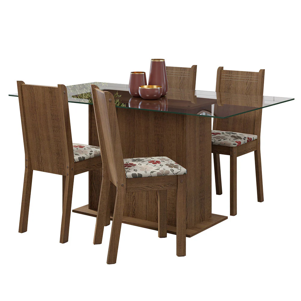 Juego de Comedor Mesa Tapa de Vidrio 4 Sillas Marrón/Floral Hibiscos España Madesa - Image 3