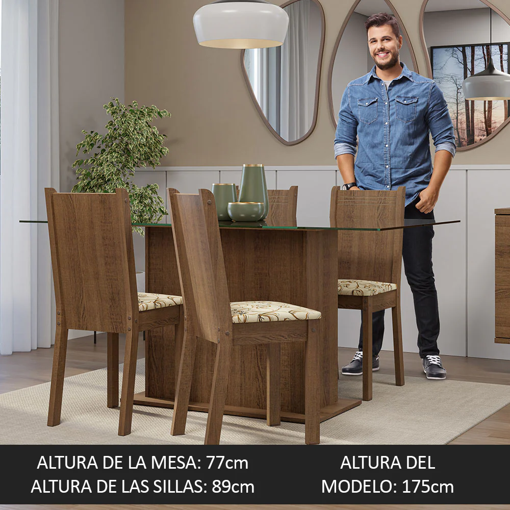 Juego de Comedor Mesa Tapa de Vidrio 4 Sillas Marrón/Lírio Beige España Madesa - Image 6