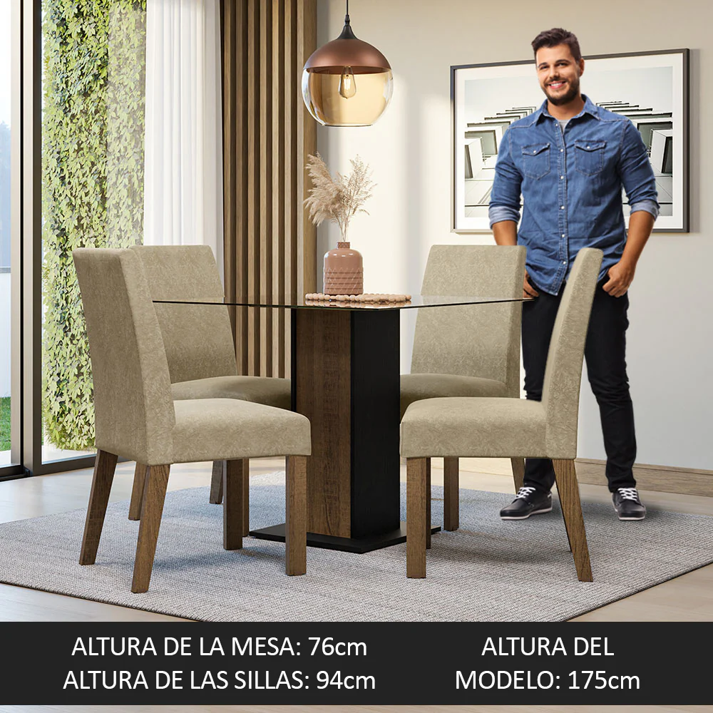 Juego de Comedor Mesa Tapa de Vidrio 4 Sillas Marrón/Negro/Imperial Ivy Madesa - Image 5