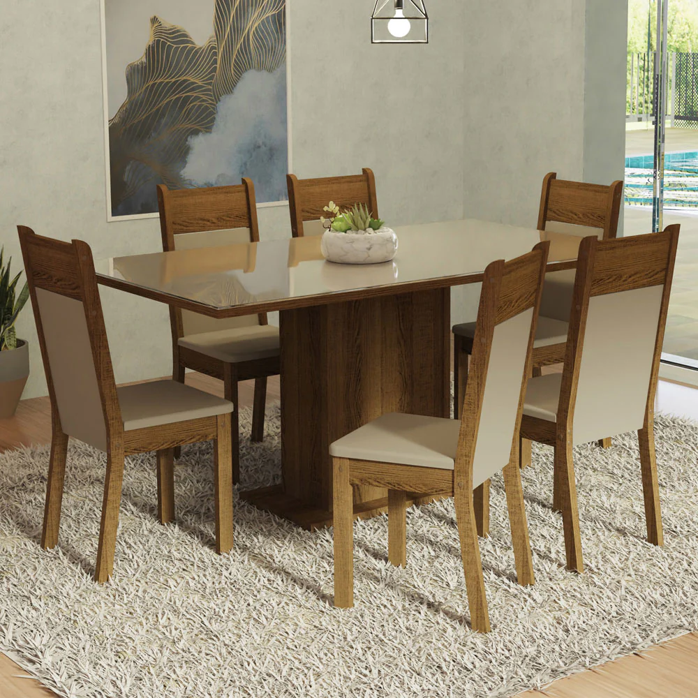 Juego de Comedor Mesa Tapa de Vidrio 6 Sillas Crema/Marrón/Beige Francine Madesa