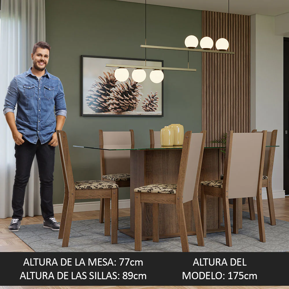 Juego de Comedor Mesa Tapa de Vidrio 6 Sillas Marrón/Crema/Beige Marrón Yolanda Madesa - Image 6