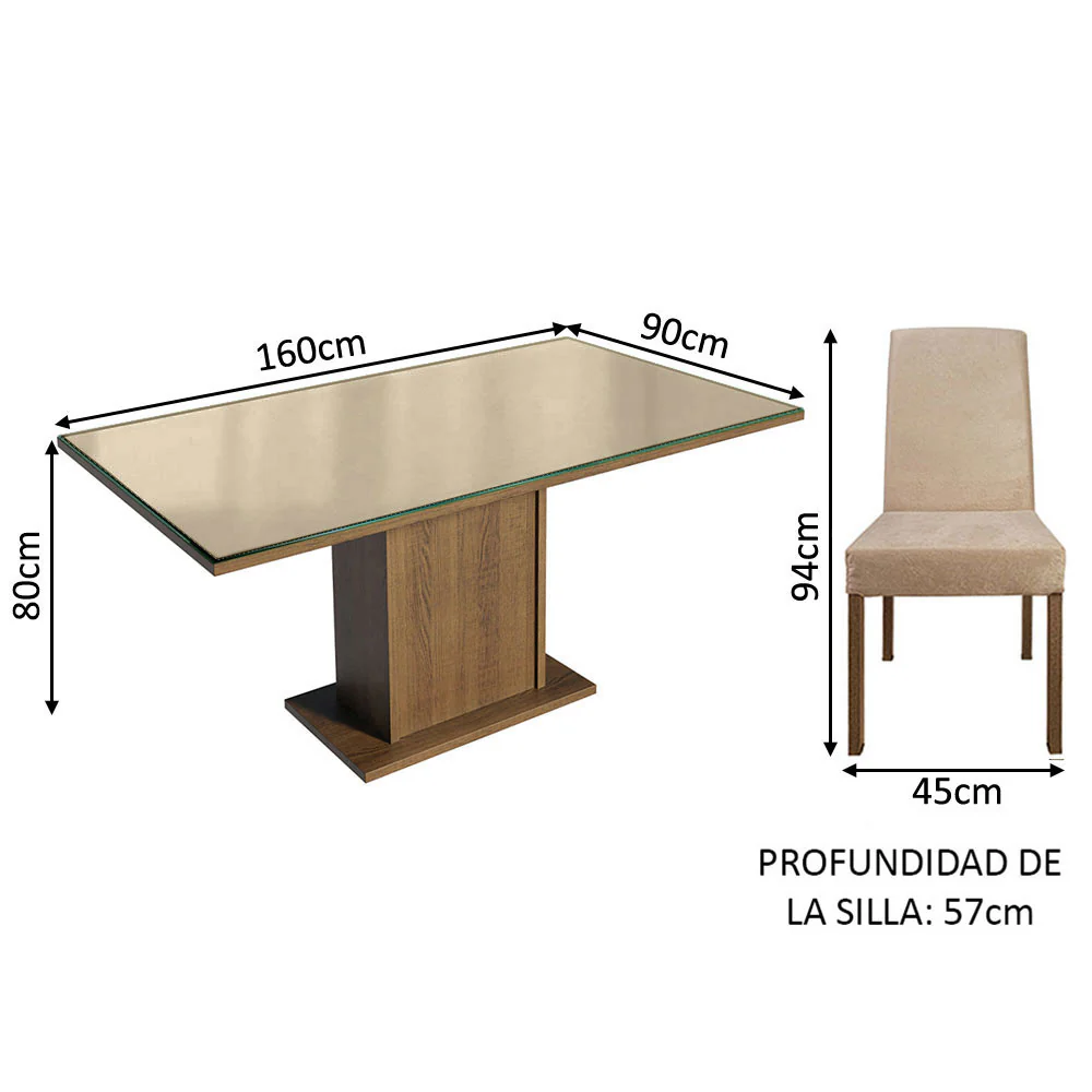 Juego de Comedor Mesa Tapa de Vidrio 6 Sillas Marrón/Crema/Imperial Alexis Madesa - Image 2