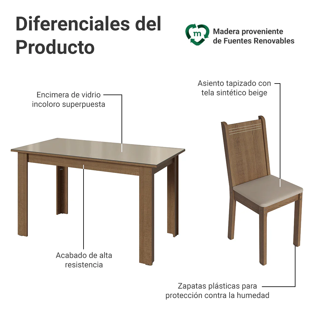 Juego de Comedor Mesa Tapa de Vidrio 6 Sillas Marrón/Crema/Sintético Beige Madesa - Image 4
