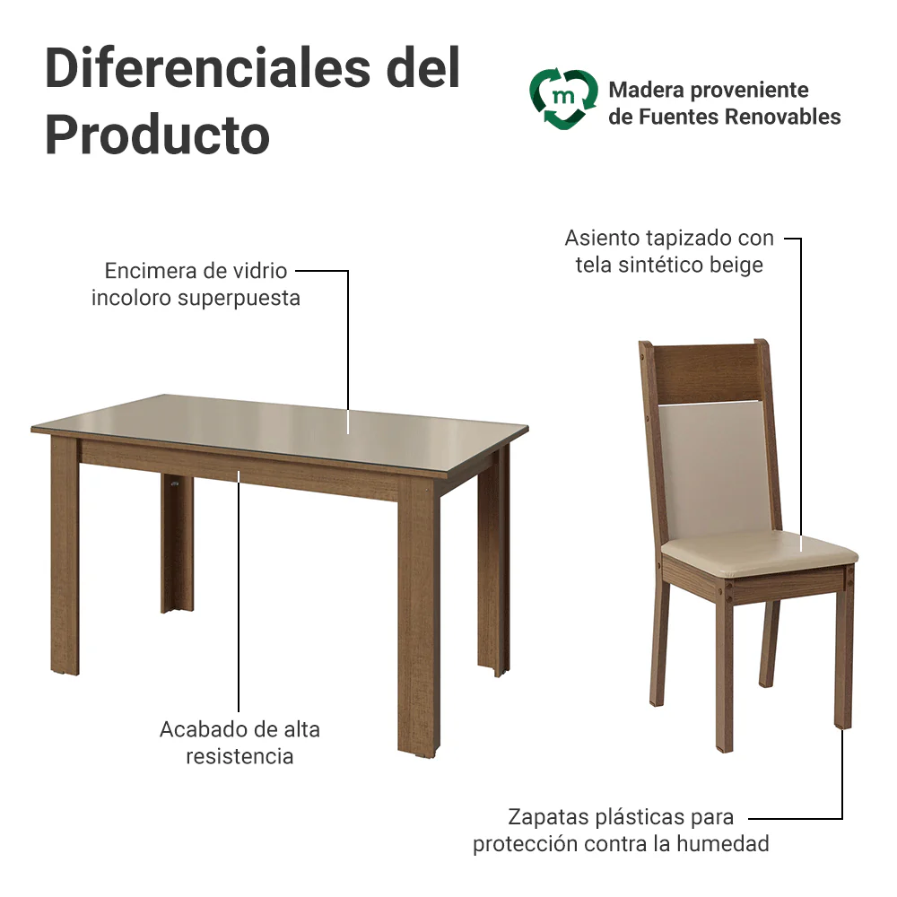Juego de Comedor Mesa Tapa de Vidrio 6 Sillas Marrón/Crema/Sintético Beige Madesa - Image 4