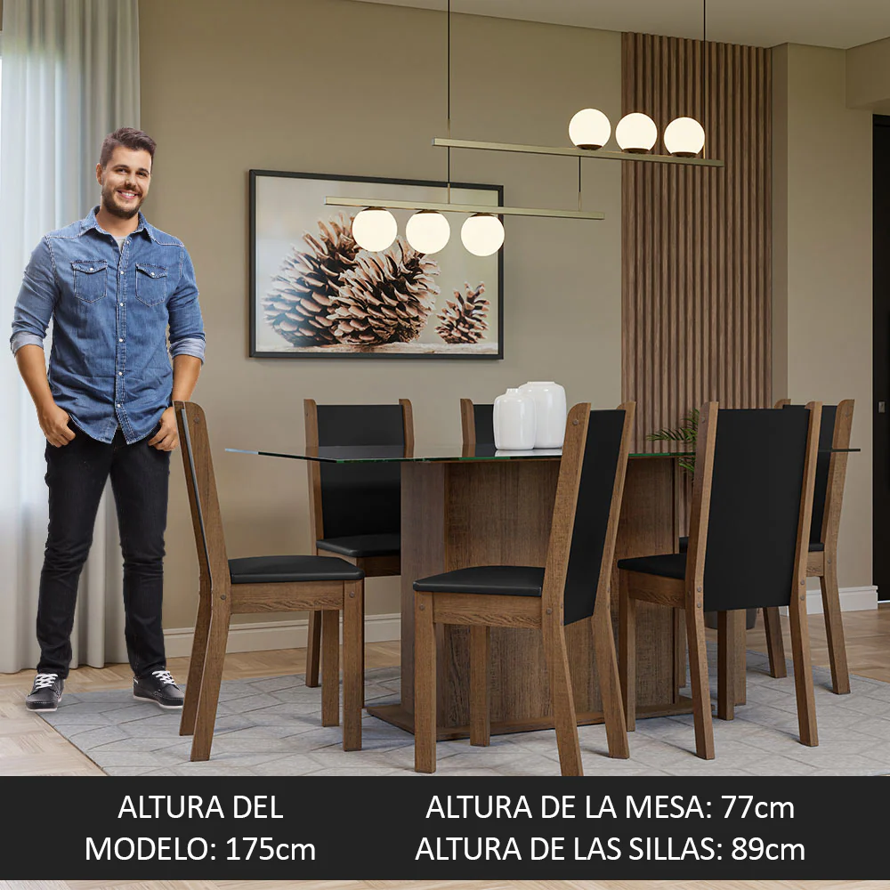 Juego de Comedor Mesa Tapa de Vidrio 6 Sillas Marrón/Negro Yolanda Madesa - Image 6