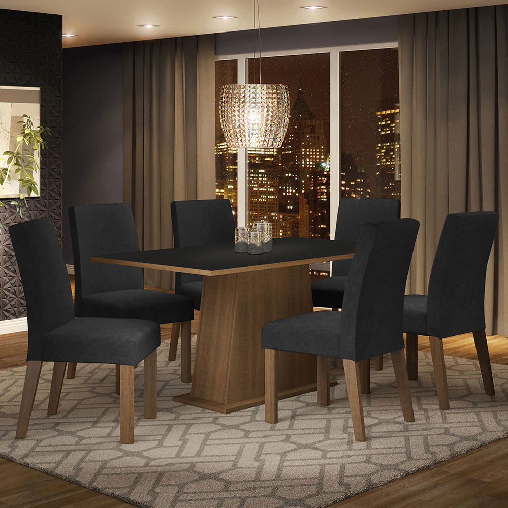 Juego de Comedor Mesa con Tapa de Madera 6 Sillas Marrón/Negro/Oxford Luciana