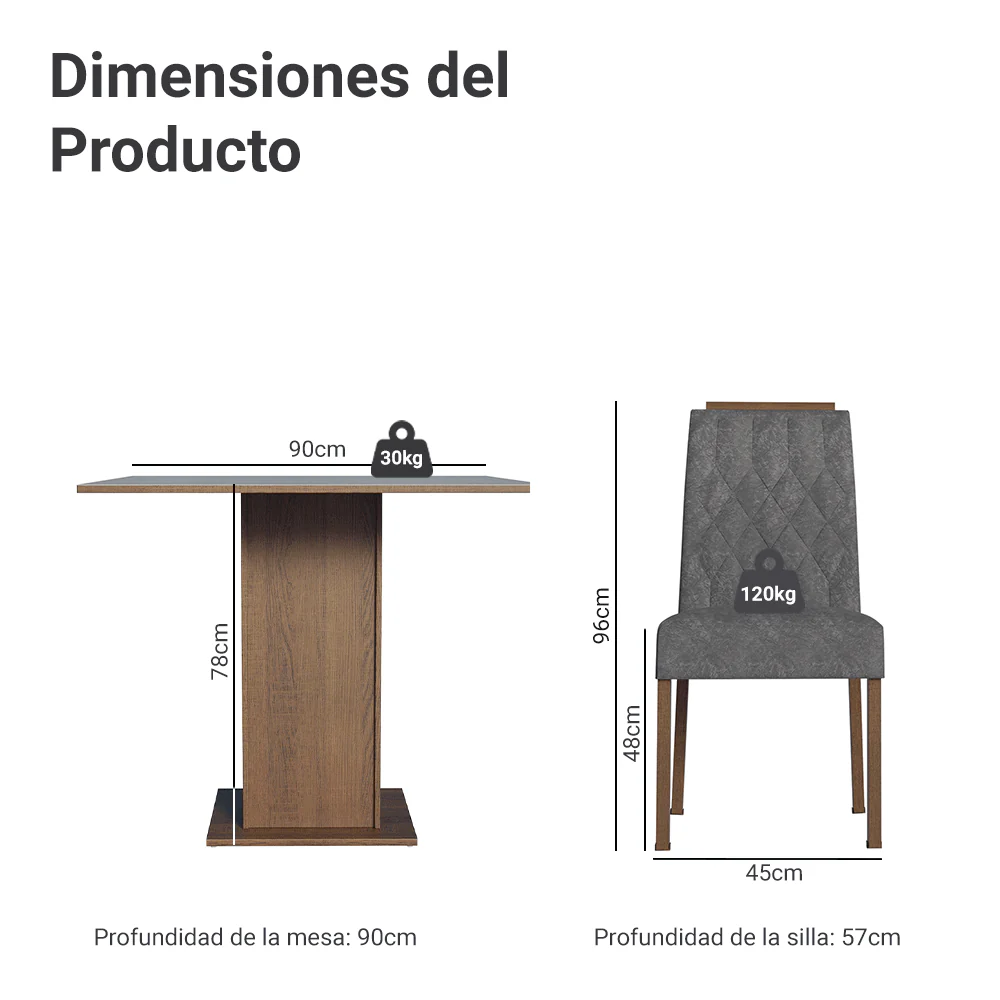 Juego de Comedor Mesada de Madera 4 Sillas Cannes Marrón/Gris/Silver - Image 2