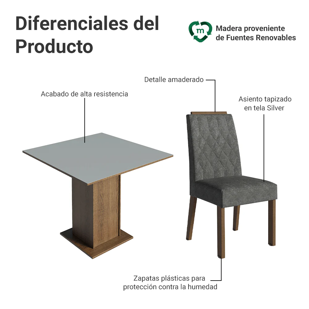 Juego de Comedor Mesada de Madera 4 Sillas Cannes Marrón/Gris/Silver - Image 4