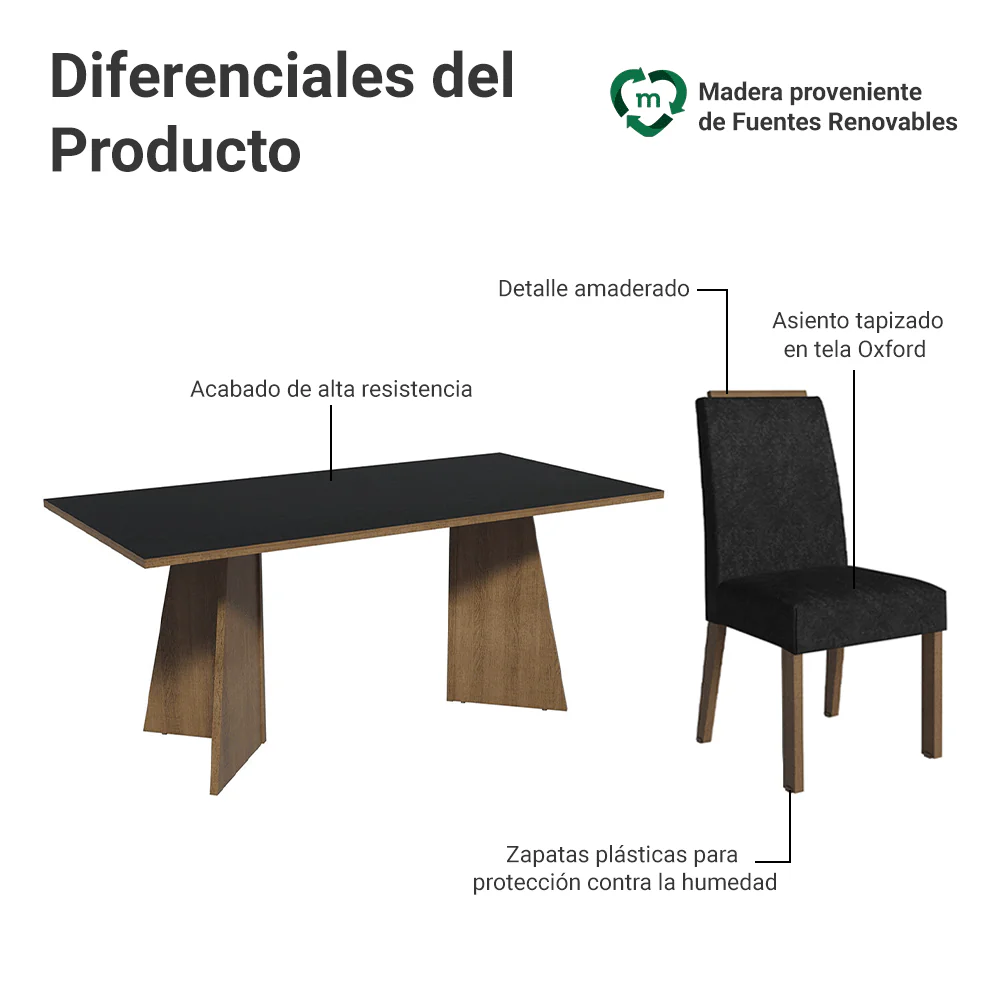 Juego de Comedor Mesada de Madera 6 Sillas Minsk Marrón/Negro/Silver - Image 4