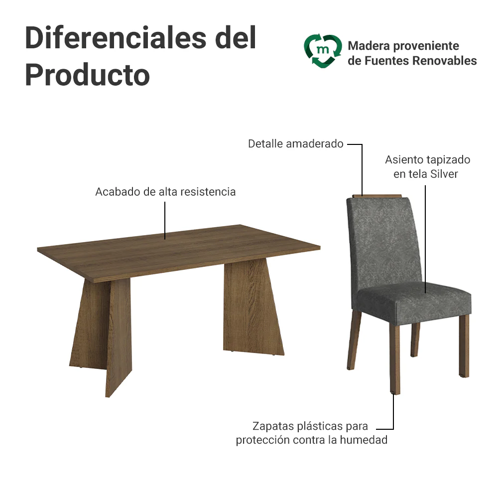 Juego de Comedor Mesada de Madera 6 Sillas Soho Marrón/Silver - Image 4
