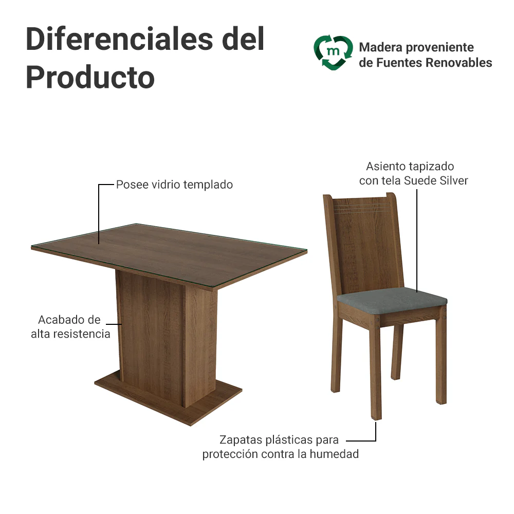 Juego de Comedor Mesada de Vidrio 4 Sillas Camélia Marrón/Silver - Image 4