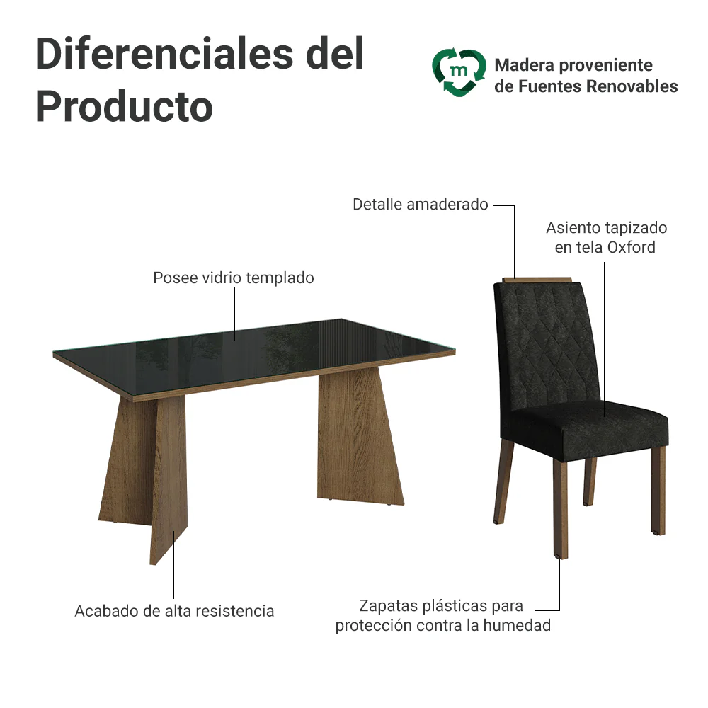 Juego de Comedor Mesada de Vidrio 4 Sillas Porto Marrón/Negro/Oxford - Image 3