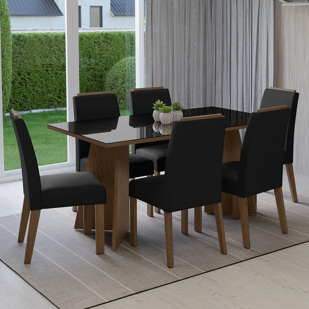 Juego de Comedor Mesada de Vidrio 6 Sillas Madrid Marrón/Negro/Oxford