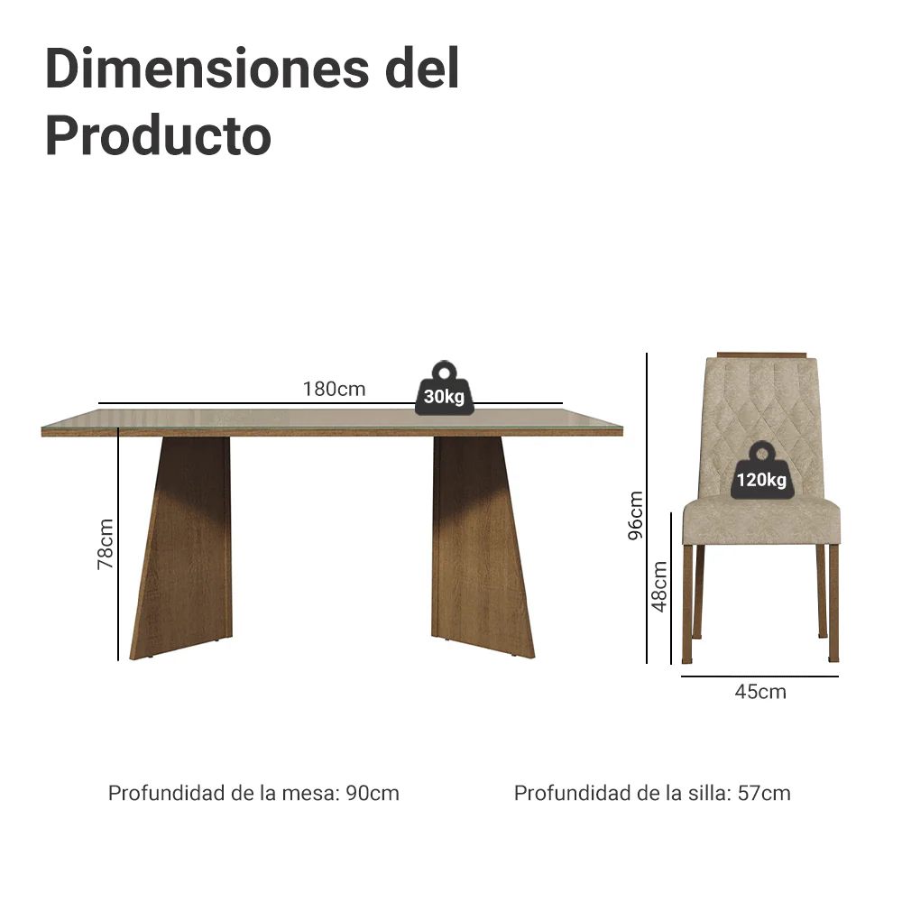 Juego de Comedor Mesada de Vidrio 6 Sillas Siena Marrón/Crema/Imperial - Image 3