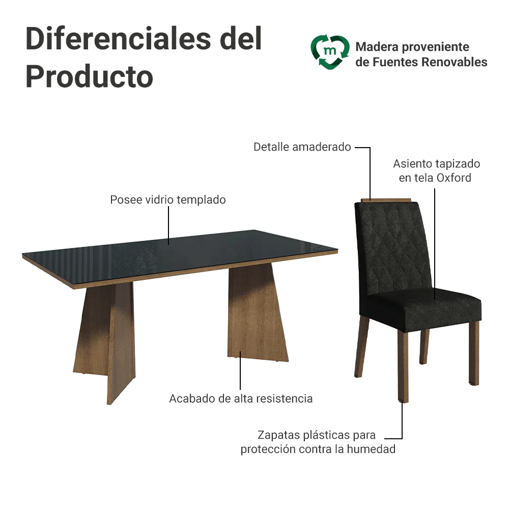 Juego de Comedor Mesada de Vidrio 6 Sillas Siena Marrón/Negro/Oxford - Image 4
