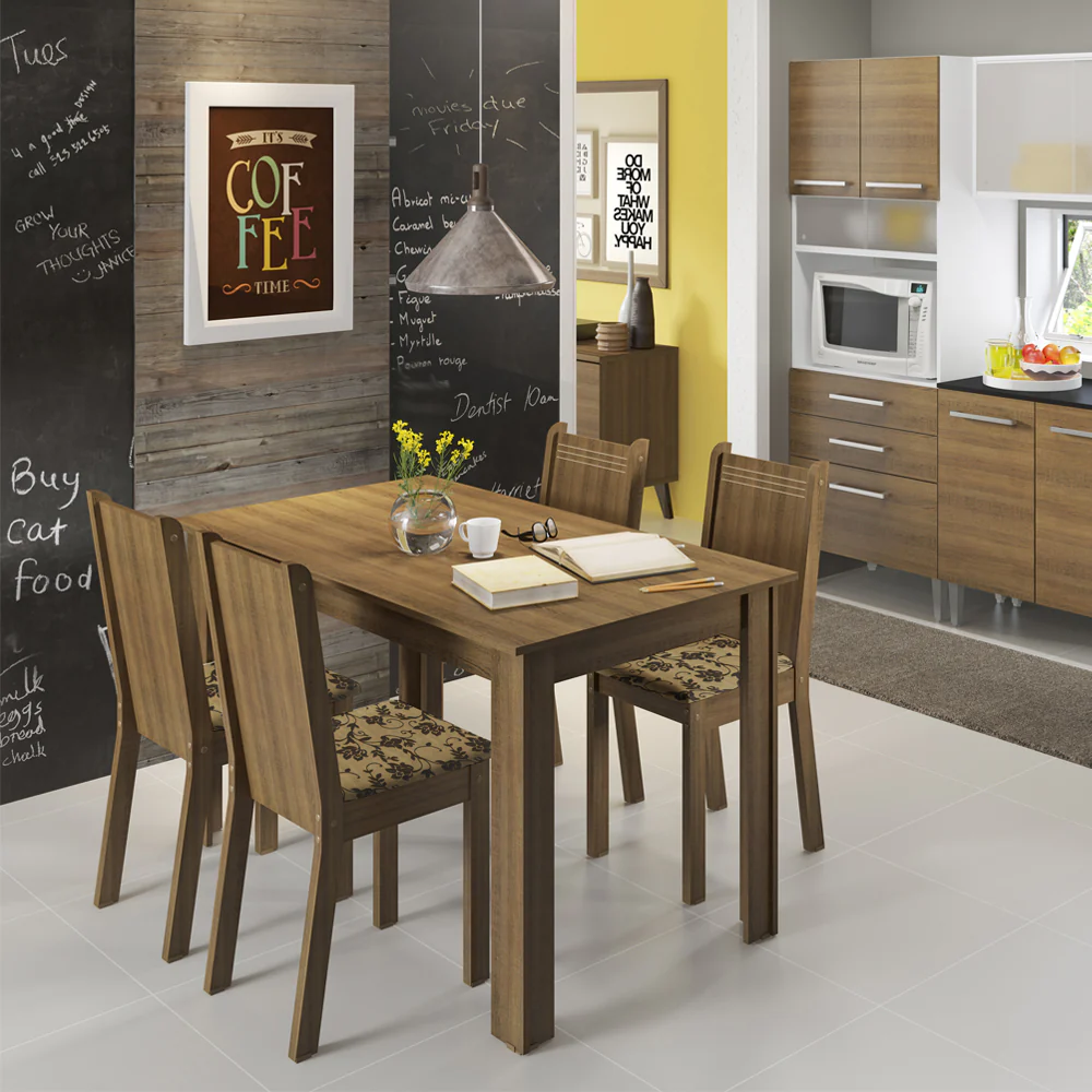 Juego de Comedor Rosie Madesa Mesa Tapa de Madera con 4 Sillas Marrón/Floral Beige Marrón