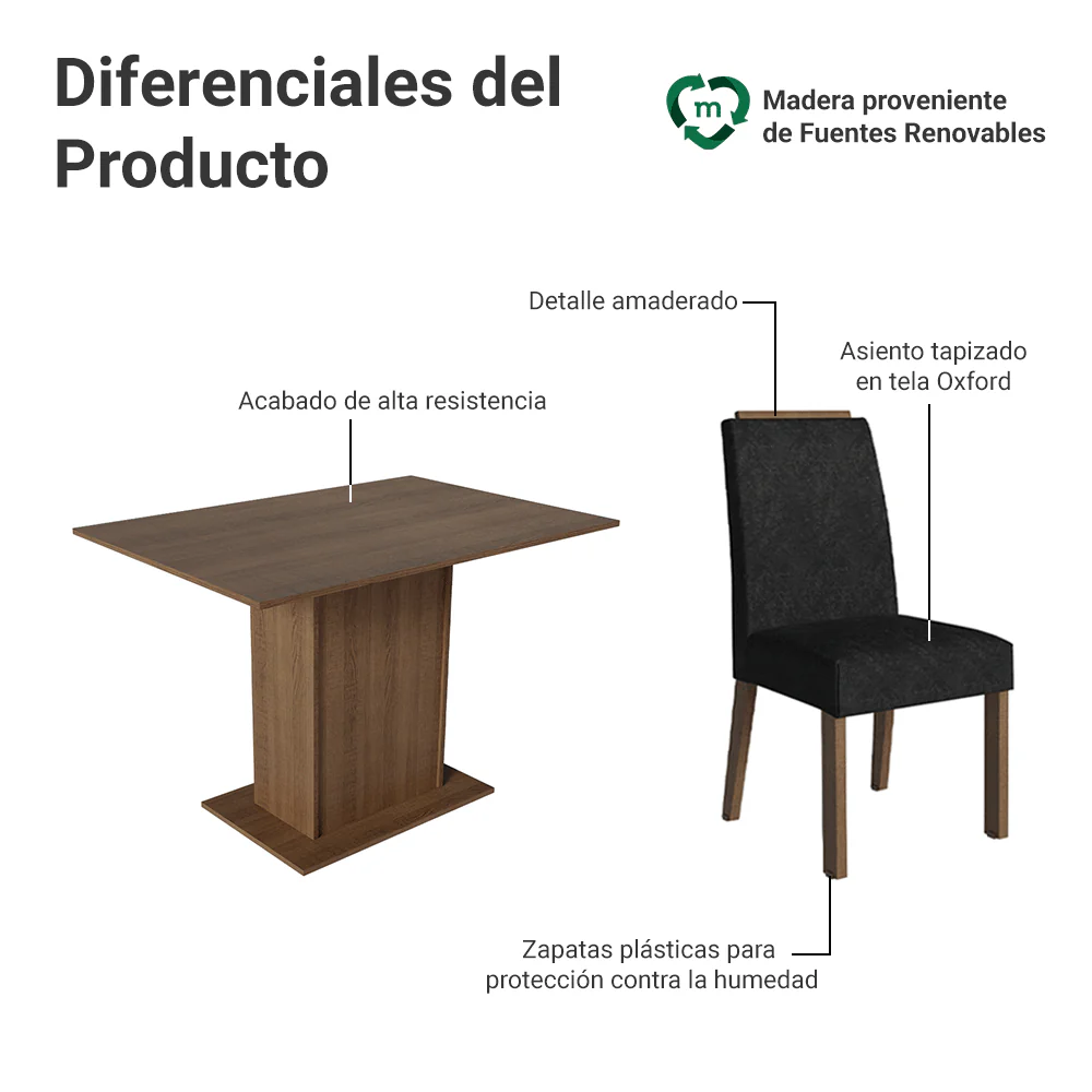 Juego de Comedor Tapa de Madera 4 Sillas Marrón/Oxford Acácia Madesa - Image 4