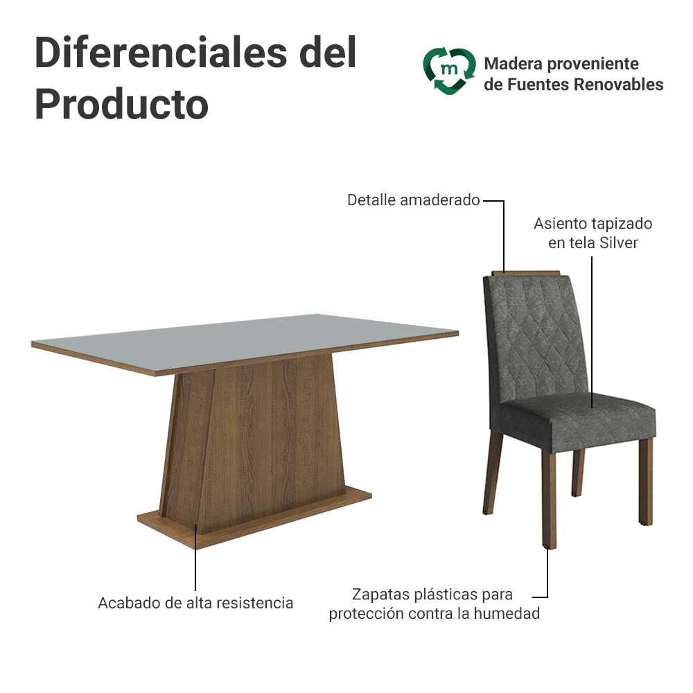Juego de Comedor Tapa de Madera 6 Sillas Marrón/Gris/Silver Cedro Madesa - Image 4