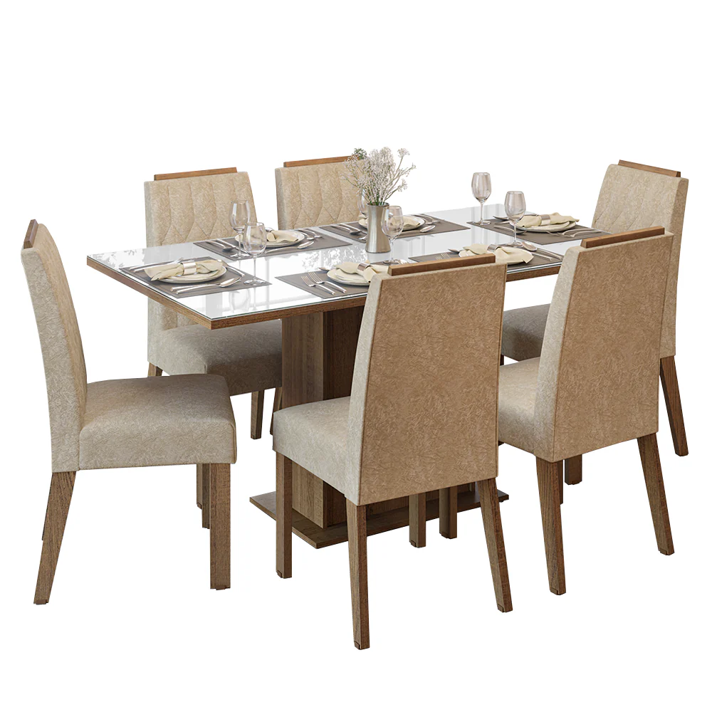 Juego de Comedor Tapa de Vidrio 6 Sillas Marrón/Blanco/Imperial Azaleia Madesa - Image 3