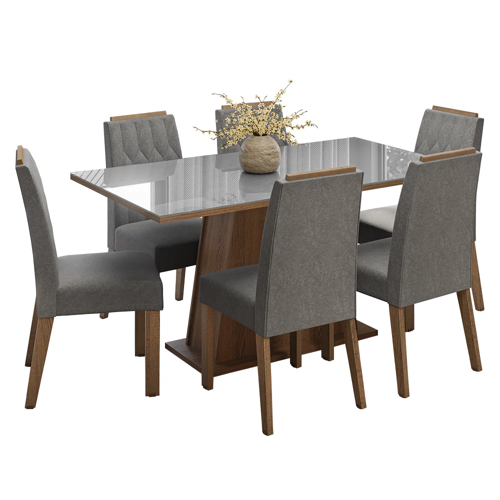Juego de Comedor Tapa de Vidrio 6 Sillas Marrón/Gris/Silver Peônia Madesa - Image 4