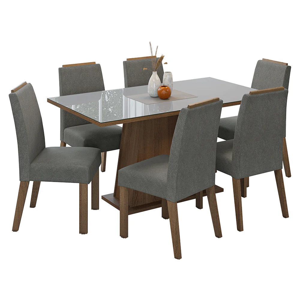 Juego de Comedor Tapa de Vidrio 6 Sillas Marrón/Gris/Silver Tulipa Madesa - Image 3