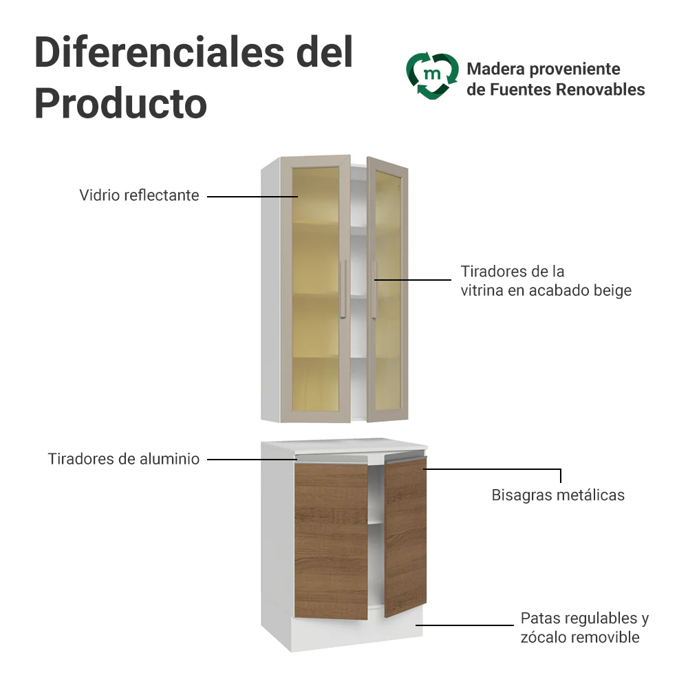 Kit Bajo Mesada + Cristalero 60 cm Smart 100% MDF Blanco/Marrón/Crema - Image 3