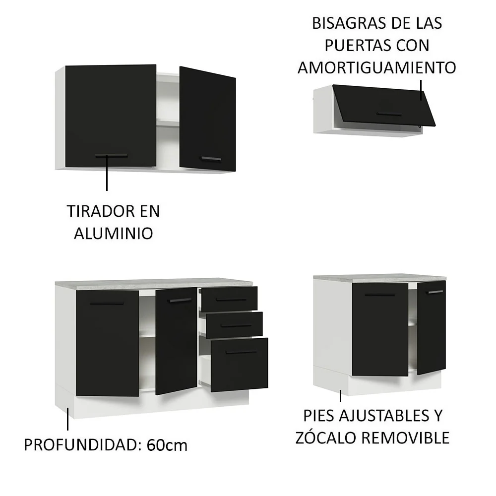 Kit con 2 Bajo mesada e 2 Alacena Multiuso 200cm Blanco/Negro Agata Madesa - Image 4
