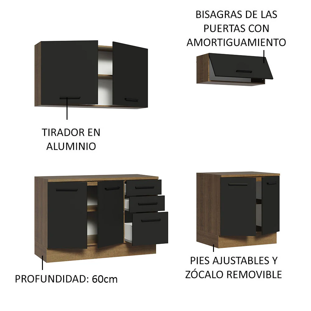 Kit con 2 Bajo mesada e 2 Alacena Multiuso 200cm Marrón/Negro Agata Madesa - Image 4